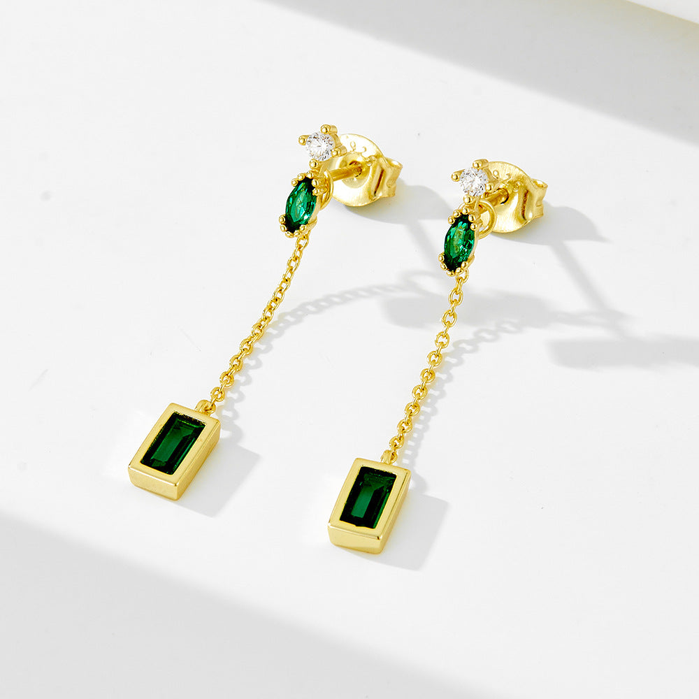S925 Silver Green Zirconia Tassel Earrings
