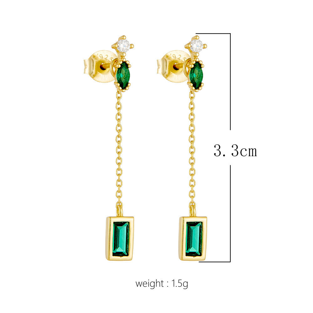 S925 Silver Green Zirconia Tassel Earrings