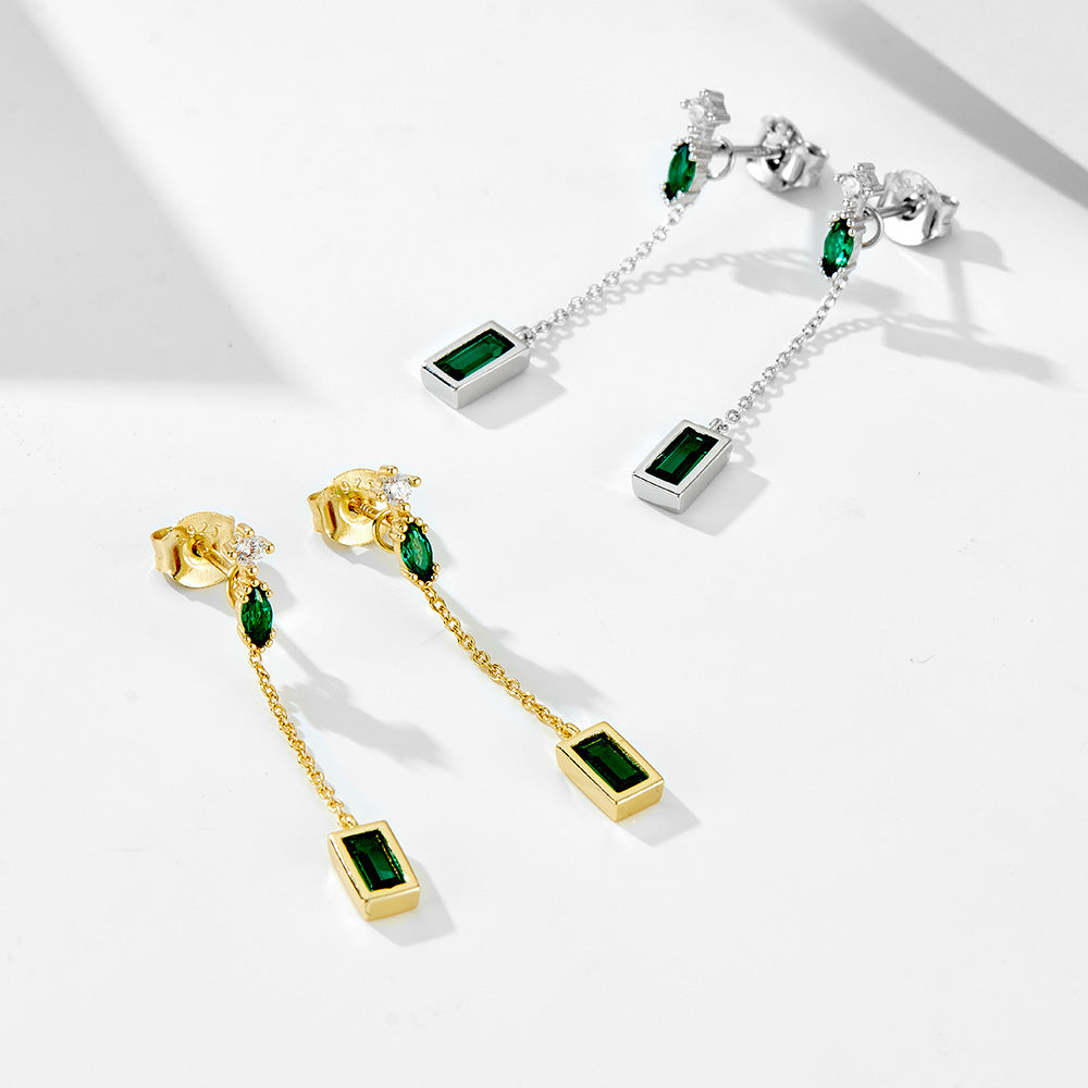S925 Silver Green Zirconia Tassel Earrings