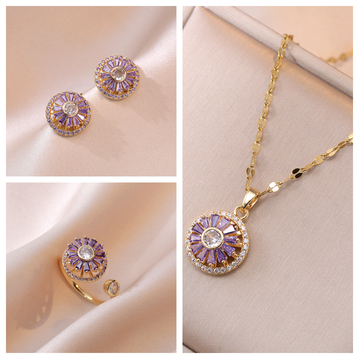 Ensemble de bijoux en zircone à fleurs tournantes